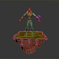 Red Haired Adventurer With Fantasy Creature On Yellow Red Platform With Blue Accents