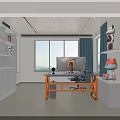 Gaming Study Room Decorated with Figurines Desk Monitor and Window Curtains