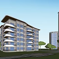 Modern Mid Rise Residential Building Exterior With Balconies Green Lawn And Trees