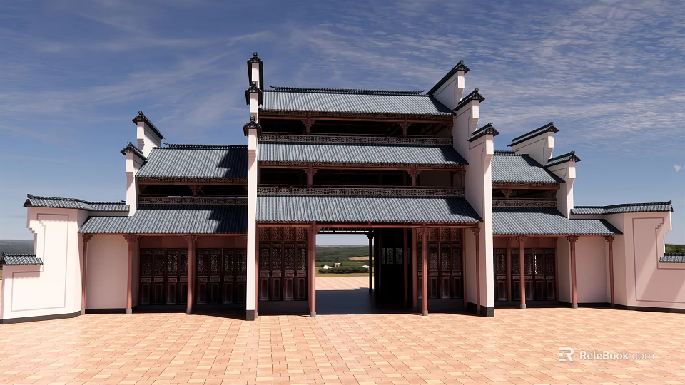 Traditional Ancient Chinese Architecture With Overhanging Eaves Tiled Roofs And Courtyard 3d model 