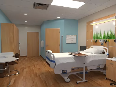 Modern Hospital Room Interior With Wooden Flooring Light Blue Walls Medical Bed Table And Chair 3d model