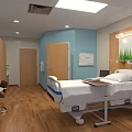 Modern Hospital Room Interior With Wooden Flooring Light Blue Walls Medical Bed Table And Chair