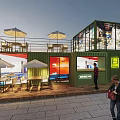 Vibrant Commercial Street With Colorful Buildings Neon Signs And Outdoor Dining Areas