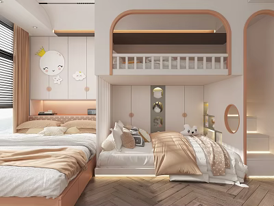 Modern Kids Bedroom With Bunk Bed Cute Wall Decor And Warm Lighting 3d model