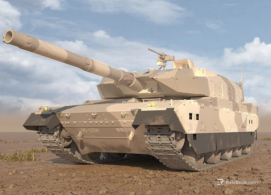 Sand Colored Military Tank With Cannon Tracks In Desert Under Cloudy Sky 3d model 