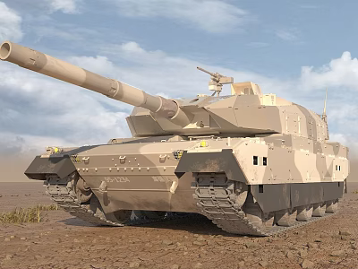 Sand Colored Military Tank With Cannon Tracks In Desert Under Cloudy Sky 3d model