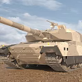Sand Colored Military Tank With Cannon Tracks In Desert Under Cloudy Sky