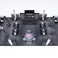 STUDIOS Two Story Retail Store With White Pillars Black Railings Display Shelves And Balls