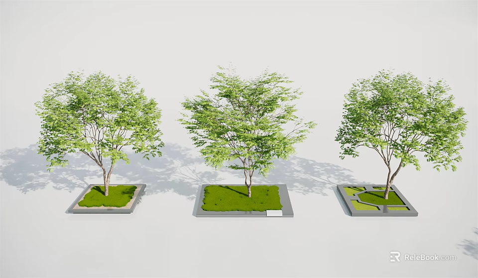 Three Square Outdoor Tree Planters with Lush Green Trees and Fresh Grass 3d model 
