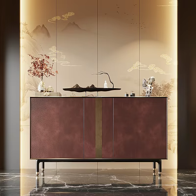 Elegant Brown Leather Console Cabinet With Gold Stripe And Decorative Items On Oriental Landscape Wall 3d model