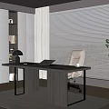 Dark Wooden Desk with Laptop Table Lamp and Beige Leather Chair Near Bookshelf Window Blinds