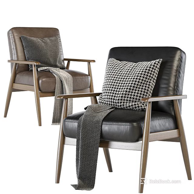 Modern Accent Chairs With Brown Black Leather Upholstery Patterned Pillows And Gray Throw Blankets 3d model 
