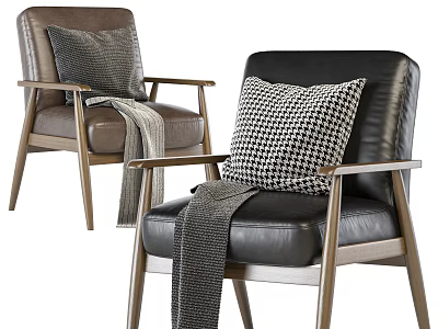 Modern Accent Chairs With Brown Black Leather Upholstery Patterned Pillows And Gray Throw Blankets 3d model