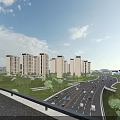 Tall Modern Residential Buildings Along Highway With Greenery Blue Sky And White Clouds