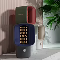 Colorful Modern Small Electric Appliances On Marble Base With Striped Wall And Green Plant