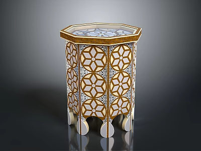 Intricate Octagonal Side Table With White And Gold Geometric Pattern And Decorative Legs 3d model