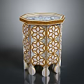 Intricate Octagonal Side Table With White And Gold Geometric Pattern And Decorative Legs 3d model