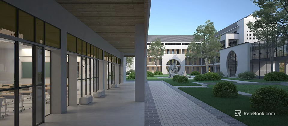 Modern School Building Exterior With Colonnade Courtyard Greenery And Archway Design 3d model 