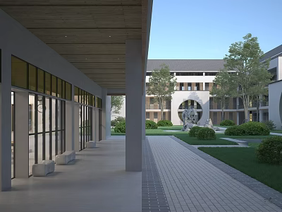 Modern School Building Exterior With Colonnade Courtyard Greenery And Archway Design 3d model
