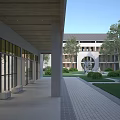 Modern School Building Exterior With Colonnade Courtyard Greenery And Archway Design