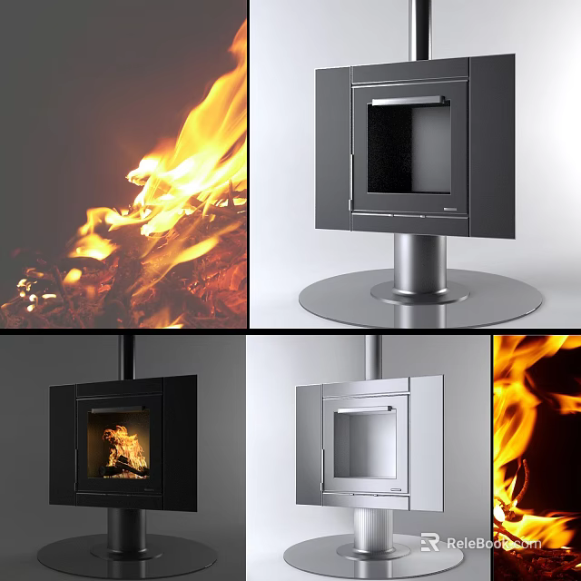 Stylish Modern Fireplace Models Featuring Flames Metal Stands And Black Silver Finishes 3d model 