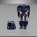Blue Robot Figure Standing Next to Blue Police Car Toy Model