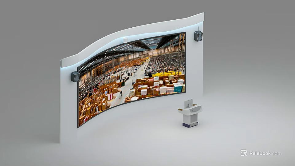 Curved White Display Wall With Large Screen Showing Warehouse Shelves And Boxes Near Small Console 3d model 