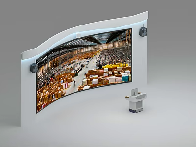 Curved White Display Wall With Large Screen Showing Warehouse Shelves And Boxes Near Small Console 3d model
