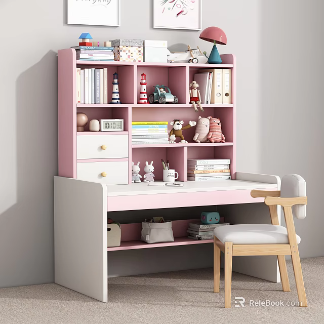 Pink And White Kids Desk With Bookshelf Books Plush Toys And Wooden Chair 3d model 