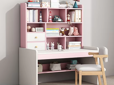Pink And White Kids Desk With Bookshelf Books Plush Toys And Wooden Chair 3d model