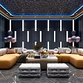 Modern Bar Interior With Colorful Light Background DJ Stage And Glass Tables
