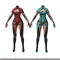 Two Characters In Different Colored Fitted Outfits With Arm And Leg Patterns