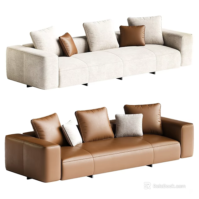 Cozy Beige Fabric And Brown Leather Two Seater Sofas With Stylish Throw Pillows 3d model 