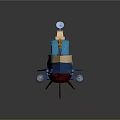 Blue and Beige Water Transport Vessel Featuring Orange Robotic Arm Radar Antenna and Red Propulsion