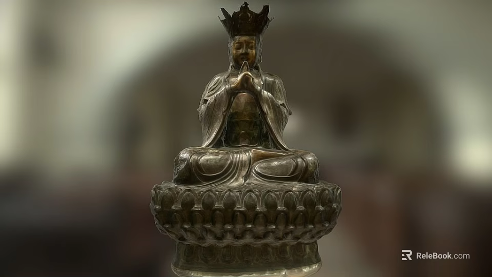 Intricate Bronze Sculpture Carving Of Sitting Buddhist Figure With Prayer Hands Lotus Base And Crown 3d model 