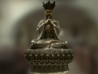 Intricate Bronze Sculpture Carving Of Sitting Buddhist Figure With Prayer Hands Lotus Base And Crown 3d model