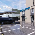 Modern Entrance Facade With White Carport Two Black Vehicles Green Structure And Metal Gate