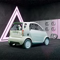 Light Beige Compact Car With Neon Triangle And Circular Decorations On Stage 3d model
