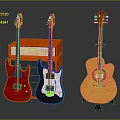 Musical Instruments Collection With Red Black Electric Guitars Yellow Acoustic Guitar And Orange Amplifier