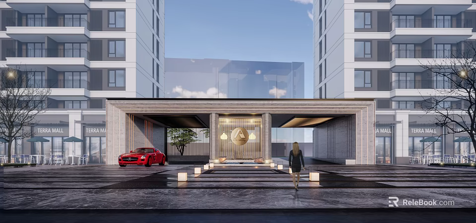 Modern Entrance Gate Between High Rise Buildings With Glass Facade Steps Red Car And Pedestrian 3d model 