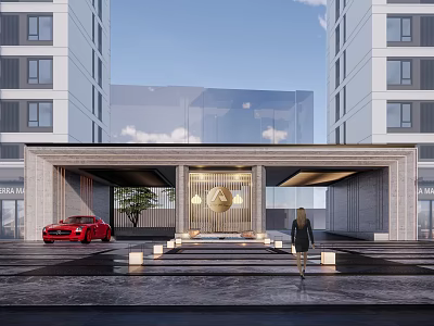 Modern Entrance Gate Between High Rise Buildings With Glass Facade Steps Red Car And Pedestrian 3d model