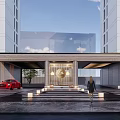Modern Entrance Gate Between High Rise Buildings With Glass Facade Steps Red Car And Pedestrian