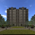 Modern Residential Building Exterior with Lush Greenery Lawn Trees and Scenic Landscape