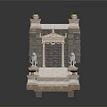Classical Stone Pavilion Architecture With Red Tile Roof Lion Statues And Decorative Plants