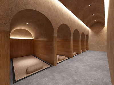 SPA Sauna Space With Arched Structures Wooden Interiors And Cozy Mats 3d model