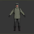 Standing Man In Green Hooded Jacket With Backpack Gloves And Boots On Gray Background 3d model