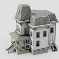 European Style Architecture Featuring White Exterior Gray Gabled Roof Multiple Windows And Front Porch Stairs