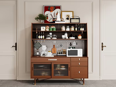 Modern Wooden Dining Sideboard With Glass Doors Microwave Jars And Wall Art 3d model