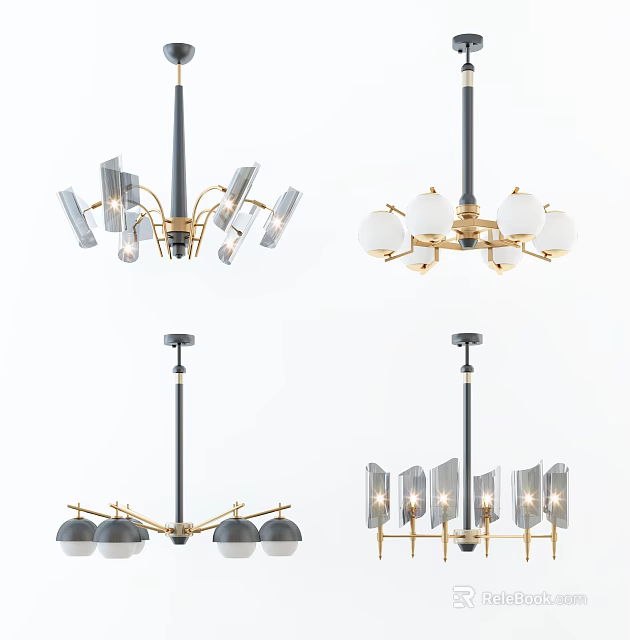Stylish Modern Chandeliers With Spherical Glass Shades And Metal Frames 3d model 