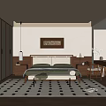 Modern Bedroom Interior With Wooden Wardrobe Green Pillows And Black White Dot Rug
